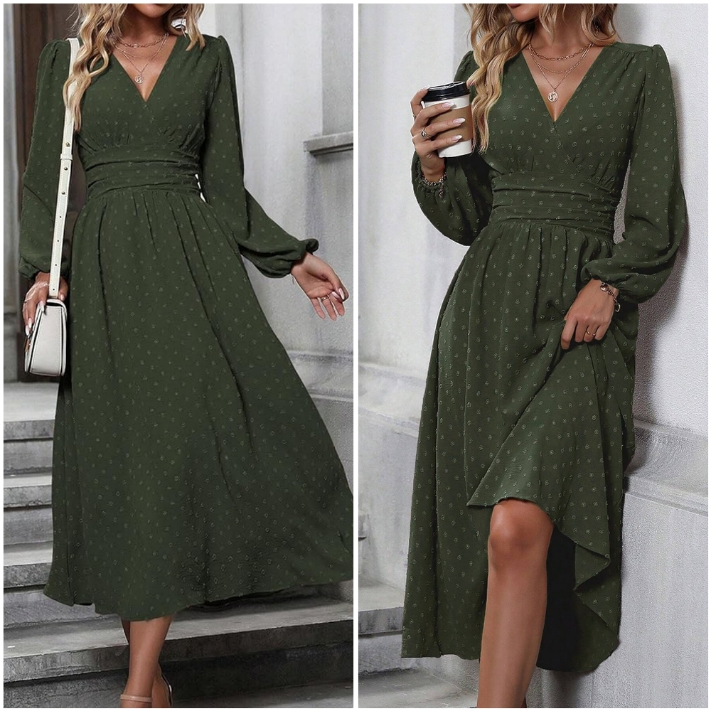 NWT Liotxecd Green Swiss Dot V Long Lanturn Sleeve Prairie Boho Maxi Dress L - Picture 11 of 12